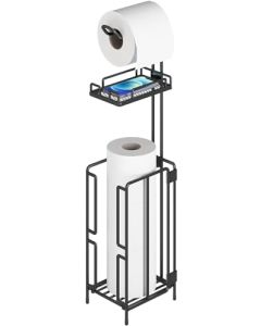 BVILY Soporte para Papel Higiénico, Dispensador de Rollos de Papel Seda con Estante para Almacenamiento en el Baño, Capacidad para Mega Rollos de Reserva, Negro Mate