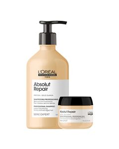 L'Oreal Professionnel Absolut Repair | Kit de reparación shampoo 500ml + mascarilla 75ml | Repara el daño y proporciona brillo al cabello | Con tecnología de quinoa dorada y proteínas | Para cabello dañado