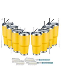 Vaso aislado Meway de 887 ml con tapas y popotes, para café, acero inoxidable con doble aislamiento al vacío, cepillo, duradero, con recubrimiento en polvo, para bebidas frías y calientes, para oficina, viajes (color amarillo, paquete de 8)