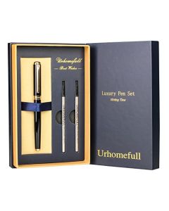 Urhomefull Impresionante bolígrafo de lujo con ribete de oro de 24 quilates, punta de Suiza con recambios de tinta negra, juego de regalo perfecto para hombres y mujeres, juego de escritura elegante para negocios, negro brillante