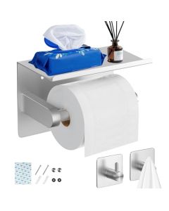 Porta Papel Baño,Portarrollos Papel Higiénico de Acero Inoxidable con Estante para Teléfono Móvil,Material Espesado,Carga 10LBS,Toilet Paper Holder con 2 Ganchos,Sin Taladro,para Baño,Hotel,Cocina