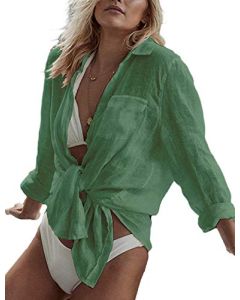 Bsubseach Camisa de Cuello Alto para Mujer Ropa de Protección Solar con Botones Blusa Cubre Bikini
