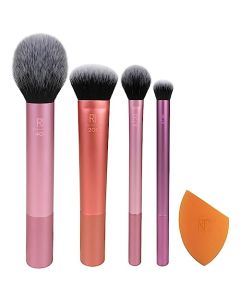 Real Techniques, Everyday Essentials, Set de Brochas de Maquillaje con Esponja Multifuncional, Kit de Accesorios Esenciales, Juego de Brochas para Maquillar Ojos, Mejillas y Rostro, 5 piezas