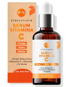 PUREZA NATUR Serum Vitamina C + Ácido hialurónico facial + Vitamina E Suero anti edad hidratante para la cara y piel + Te verde (50ml)