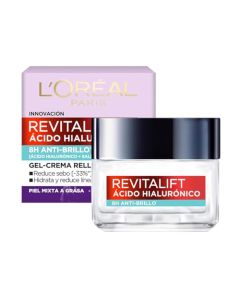 L'Oréal Paris Gel Crema Revitalift Ácido Hialurónico Anti-Brillo controla producción de sebo y disminuye poros abiertos, 50ml