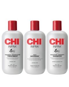 CHI Trio Kit con champú CHI Infra, tratamiento CHI Infra e infusión de seda CHI