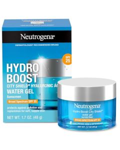 Neutrogena Hydro Boost City Shield Gel de agua con ácido hialurónico hidratante, hidratante facial con amplio espectro SPF 25 protector solar, sin aceite, sin alcohol, no comedogénico, 1.7 oz