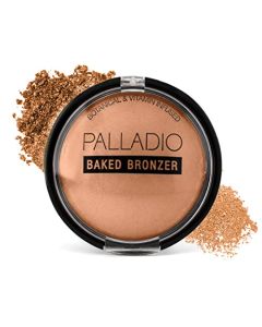 Palladio Baked Bronzer, altamente pigmentado y fácil de mezclar, brillo bronceado reluciente, uso seco o húmedo, dura todo el día, polvo compacto, Pacific Tan